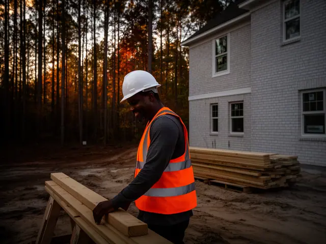 A builder in a hard hat and safety vest on a home construction site.
