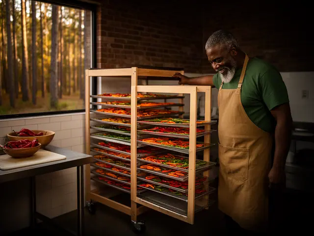 A smiling hot-sauce maker beside a wooden drying-rack cart of sliced red and green chiles.