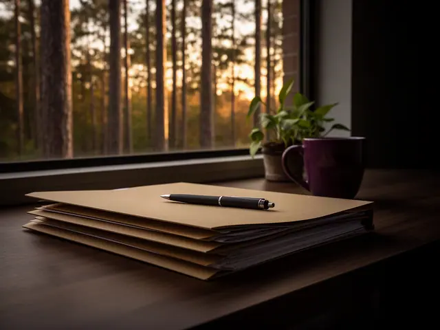 A neat stack of closed manila folders and a pen on a desk by a window.