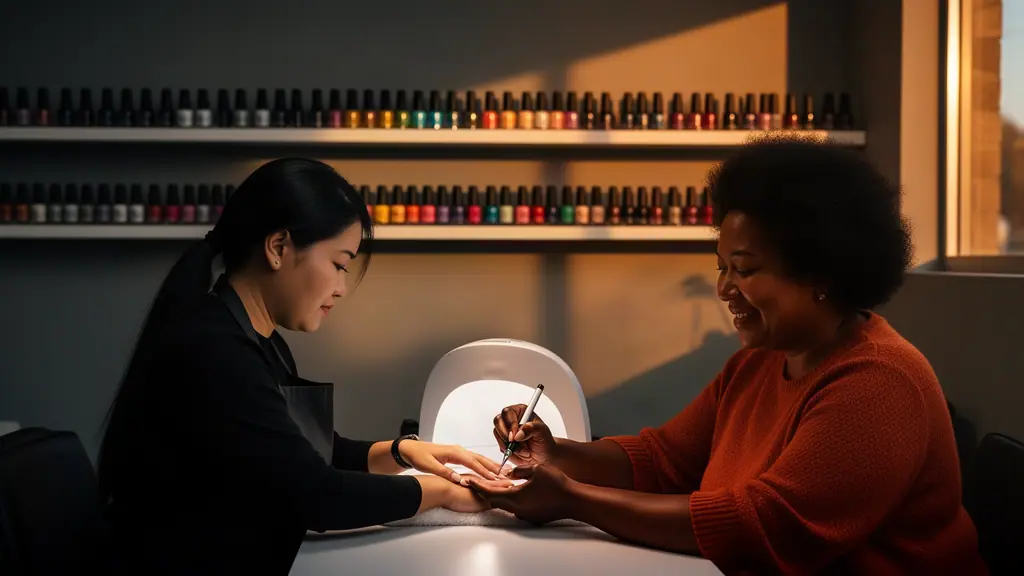 A nail technician painting a smiling client's nails at a manicure table in warm low sunlight, rows of polish behind.