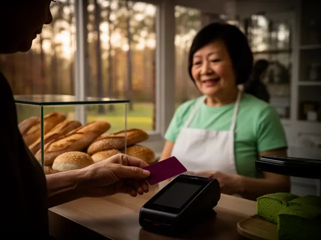 A customer taps a card on a counter terminal at a small Vietnamese bakery.